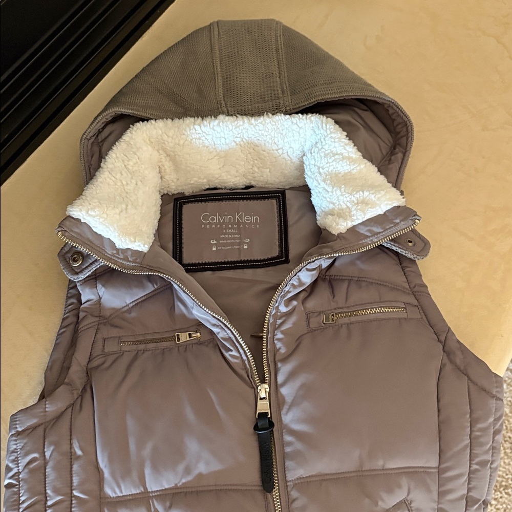 Calvin Klein Taupe Hooded Vest with White Lining